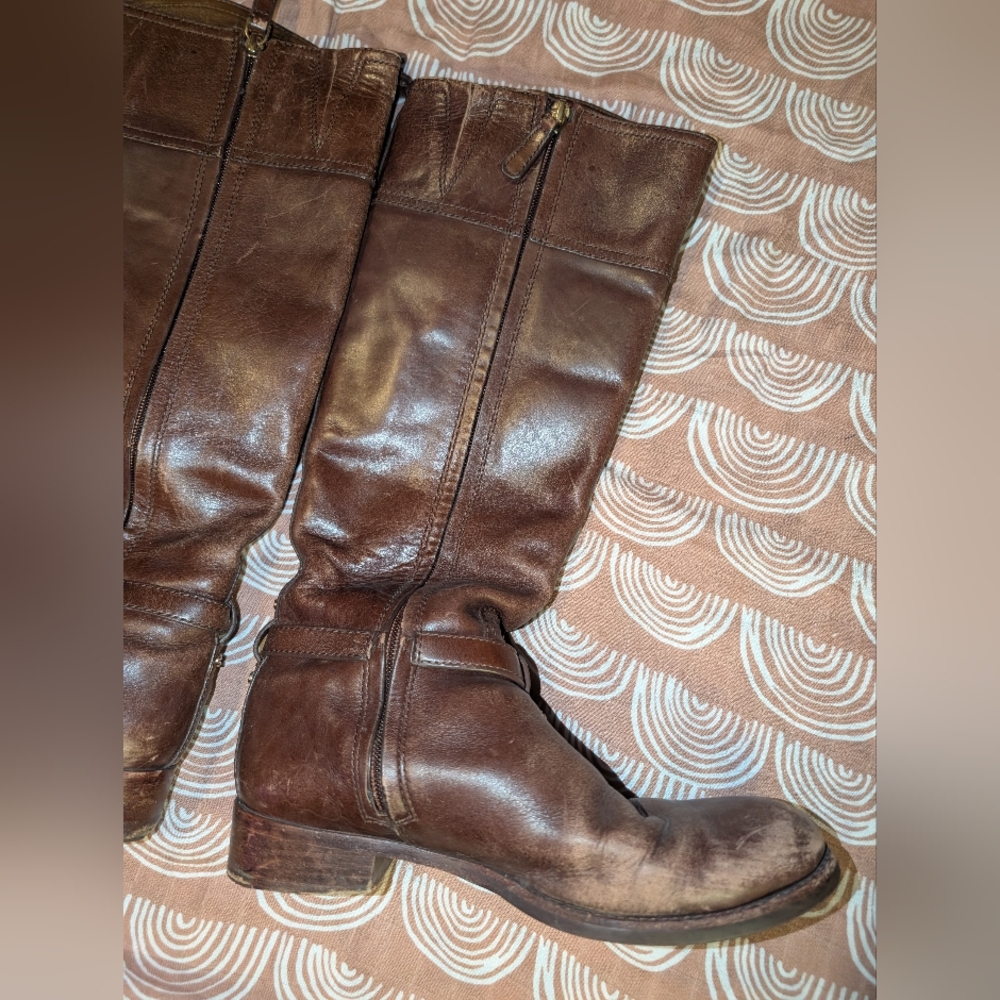 Tory Burch Women's Coconut Brown Leather MARLENE Riding Boot Sz 7.5 M Logo - Picture 5 of 15